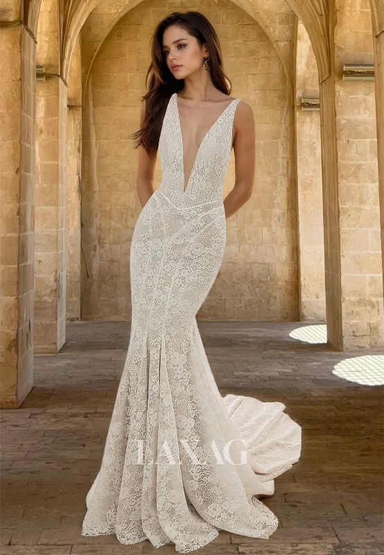 Deep V-Neck Straps Off-Shoulder Bride Gowns Sleeveless Allover Lace Applique Mermaid Wedding Dress Deep V-Neck Straps Off-Shoulder Bride Gowns Sleeveless Allover Lace Applique Mermaid Wedding Dress
