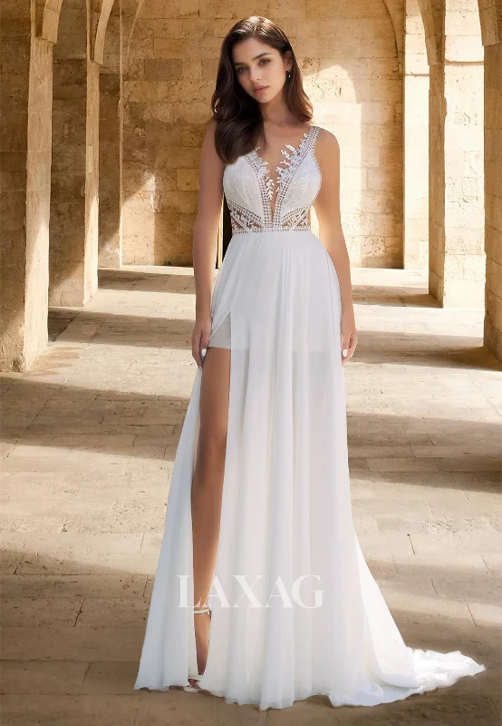 Spaghetti Straps Off-Shoulder Sleeveless A-Line Wedding Dress Deep V-Neck Beaded Chiffon Bride Gowns Spaghetti Straps Off-Shoulder Sleeveless A-Line Wedding Dress Deep V-Neck Beaded Chiffon Bride Gowns
