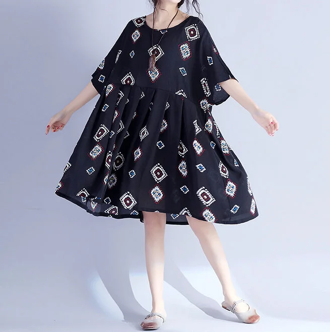 Elegant black prints Midi-length cotton dress casual traveling clothing New hig waist Cinched batwing sleeve cotton clothing dress Elegant black prints Midi-length cotton dress casual traveling clothing New hig waist Cinched batwing sleeve cotton clothing dress