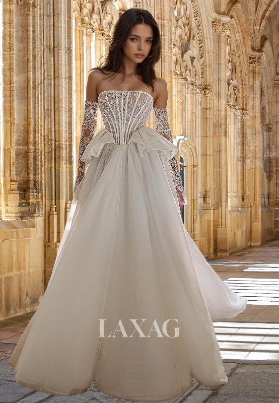 Tube Top Lace Long-Sleeves A-Line Wedding Dress Pleated Applique Tulle Bride Gowns with Train