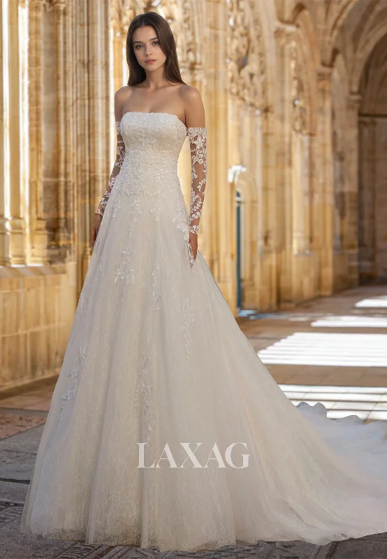Tube Top Long-Sleeves Pleated A-Line Wedding Dress Off-Shoulder Allover Lace Applique Bride Gowns Tube Top Long-Sleeves Pleated A-Line Wedding Dress Off-Shoulder Allover Lace Applique Bride Gowns