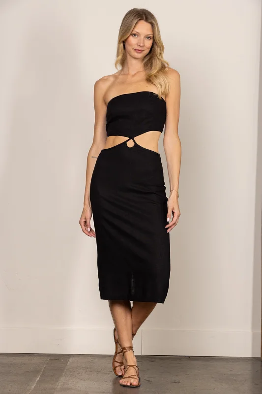 BLACK LINEN TUBE CUT-OUT WAIST PENCIL MIDI DRESS D3110