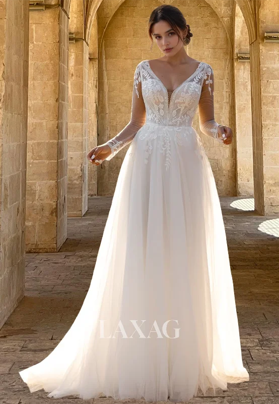 Long-Sleeves Deep V-Neck Tulle A-Line Wedding Dress Beaded Lace Applique Pleated Bride Gowns Long-Sleeves Deep V-Neck Tulle A-Line Wedding Dress Beaded Lace Applique Pleated Bride Gowns