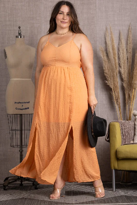 CORAL SPAGHETTI STRAP TIE BACK PLUS SIZE MIDI DRESS-M51696WX