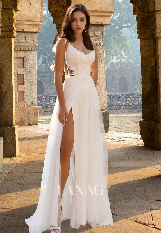 V-Neck Spaghetti Straps Sleeveless Lace Applique Chiffon Floor-Length A-Line Wedding Dress with High Slit V-Neck Spaghetti Straps Sleeveless Lace Applique Chiffon Floor-Length A-Line Wedding Dress with High Slit