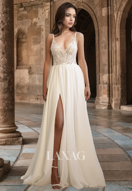 Spaghetti Straps Deep V-Neck Sleeveless Lace Applique Pleated Chiffon A-Line Wedding Dress with Slit Spaghetti Straps Deep V-Neck Sleeveless Lace Applique Pleated Chiffon A-Line Wedding Dress with Slit