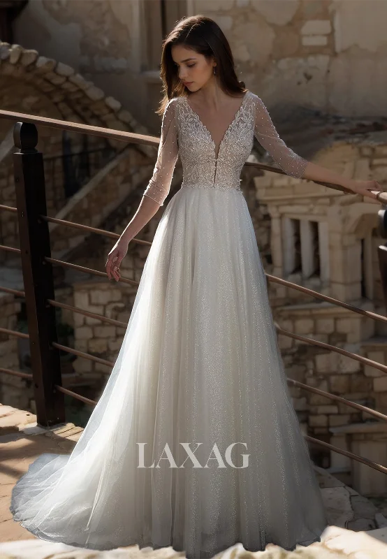 Half-Sleeves Deep V-Neck Beaded Applique Sheer Cutout Glitter-Knit Train A-Line Wedding Dress Half-Sleeves Deep V-Neck Beaded Applique Sheer Cutout Glitter-Knit Train A-Line Wedding Dress