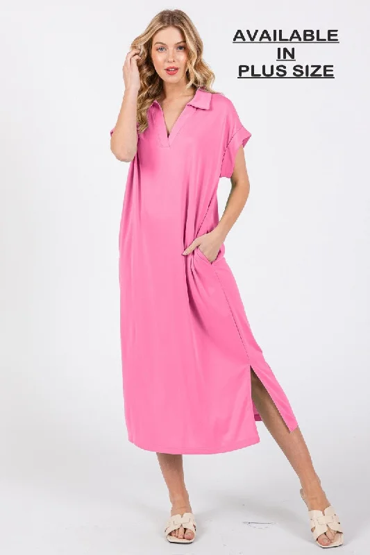HOT PINK COLLARED ROLL-UP SHORT SLEEVES PLUS SIZE MIDI DRESS PDC50716SA