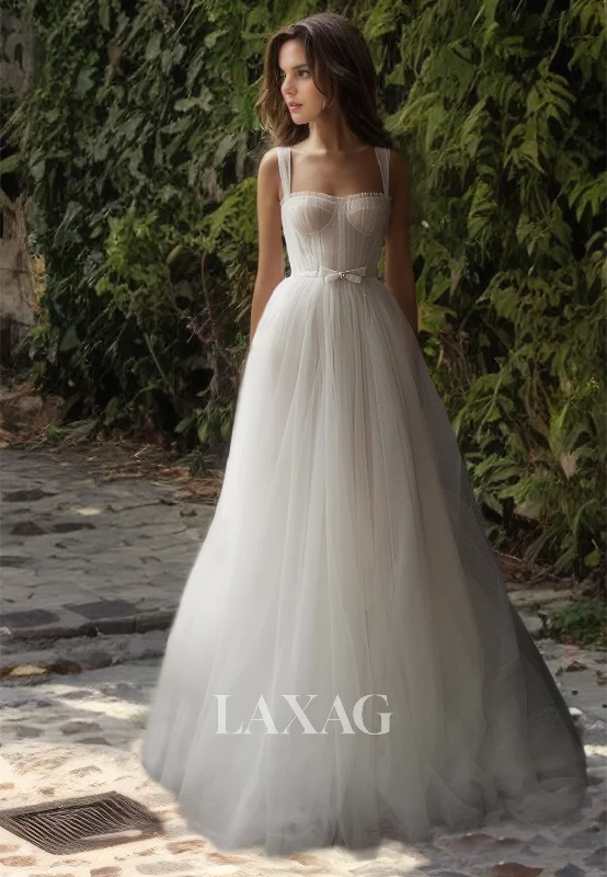 Square-Neck Spaghetti Straps Tulle A-Line Wedding Dress Pleated Boho Beach Bride Gowns with Train Square-Neck Spaghetti Straps Tulle A-Line Wedding Dress Pleated Boho Beach Bride Gowns with Train