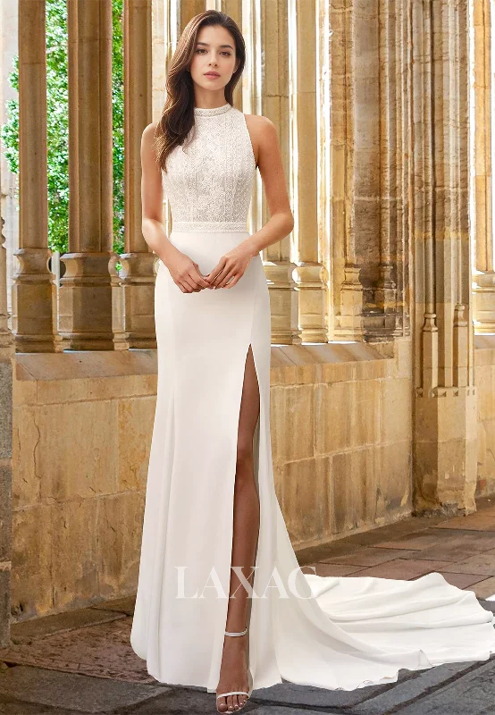 High Scoop-Neck Off-Shoulder Sleeveless Pleated Bride Gowns Beaded Applique Satin Fitted Wedding Dress High Scoop-Neck Off-Shoulder Sleeveless Pleated Bride Gowns Beaded Applique Satin Fitted Wedding Dress