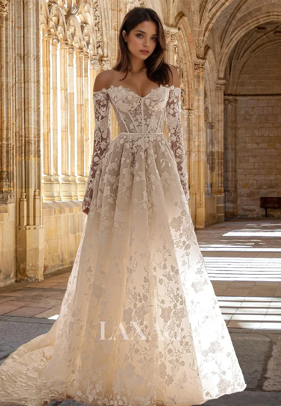 A-Line Sweetheart Long-Sleeves Off-Shoulder Allover Lace Applique Wedding Dress with Sweep Train