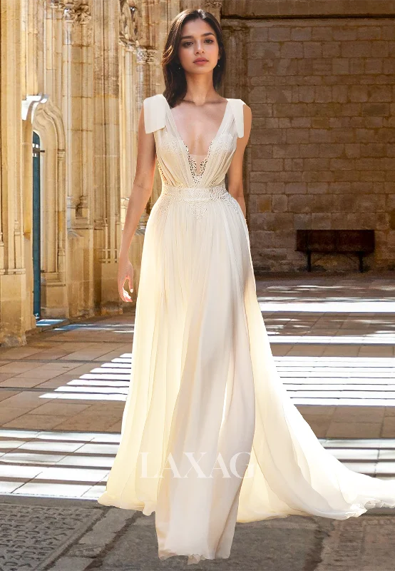Straps Deep V-Neck Off-Shoulder Applique Bride Gowns Sleeveless Pleated Chiffon A-Line Wedding Dress Straps Deep V-Neck Off-Shoulder Applique Bride Gowns Sleeveless Pleated Chiffon A-Line Wedding Dress