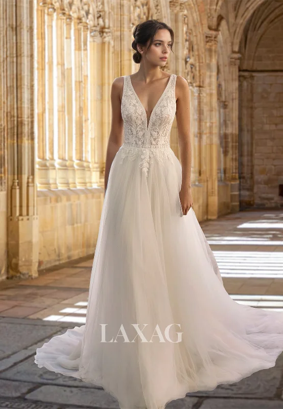 Deep V-Neck Straps Off-Shoulder Sleeveless A-Line Wedding Dress Beaded Lace Applique Tulle Bride Gowns Deep V-Neck Straps Off-Shoulder Sleeveless A-Line Wedding Dress Beaded Lace Applique Tulle Bride Gowns