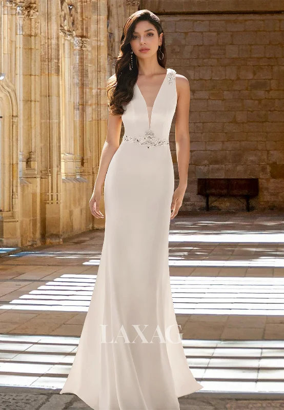 Deep V-Neck Straps Sleeveless Satin Mermaid Wedding Dress Off-Shoulder Beaded Chiffon Bride Gowns Deep V-Neck Straps Sleeveless Satin Mermaid Wedding Dress Off-Shoulder Beaded Chiffon Bride Gowns