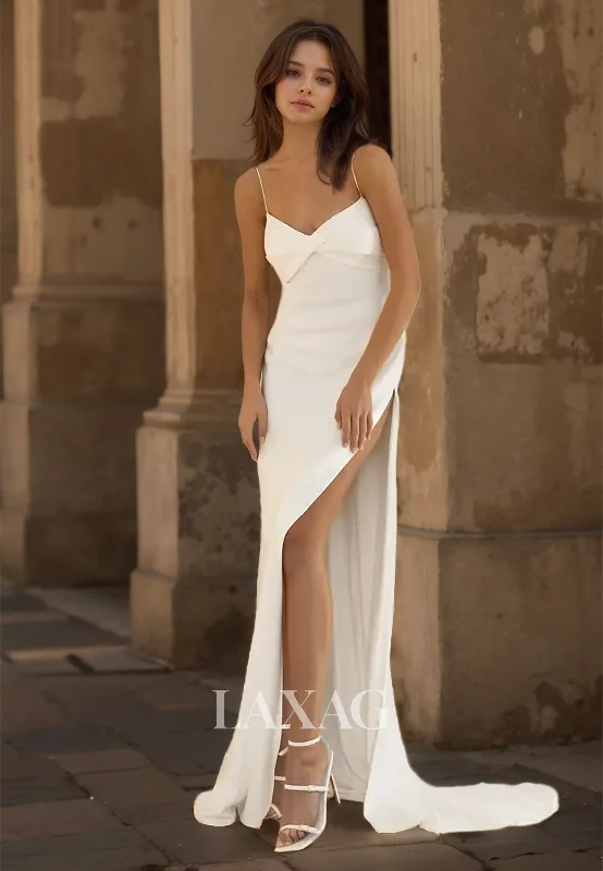 Simple Sweetheart Spaghetti Straps Sleeveless Pleated High Slit Wedding Dress with Sweep Train