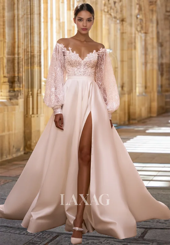 Off-Shoulder V-Neck Pleated Satin Bride Gowns Long-Sleeves Beaded Glitter Lace A-Line Wedding Dress Off-Shoulder V-Neck Pleated Satin Bride Gowns Long-Sleeves Beaded Glitter Lace A-Line Wedding Dress