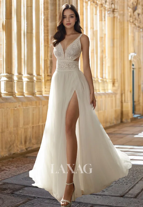 Spaghetti Straps Deep V-Neck Tulle A-Line Wedding Dress Beaded Lace Applique Cutout Bride Gowns Spaghetti Straps Deep V-Neck Tulle A-Line Wedding Dress Beaded Lace Applique Cutout Bride Gowns