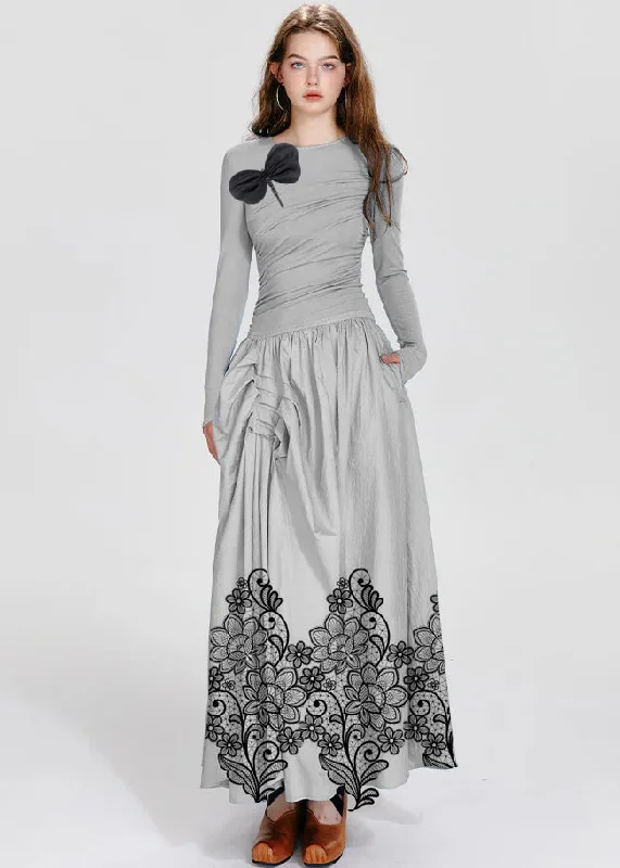 French Grey Flowers O-Neck Asymmetrical Wrinkled Maxi Dresses Fall
