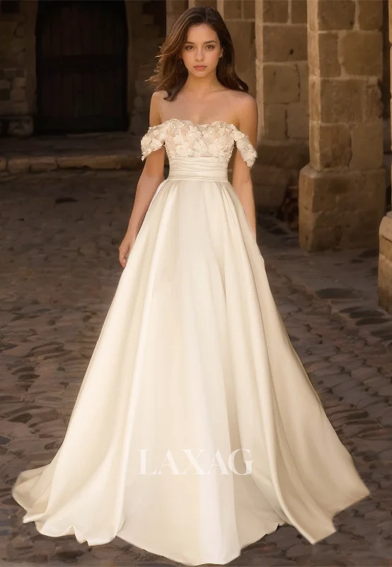 Floral Embellished Sweetheart Sleeveless Bride Gowns Off-Shoulder Pleated Satin A-Line Wedding Dress Floral Embellished Sweetheart Sleeveless Bride Gowns Off-Shoulder Pleated Satin A-Line Wedding Dress