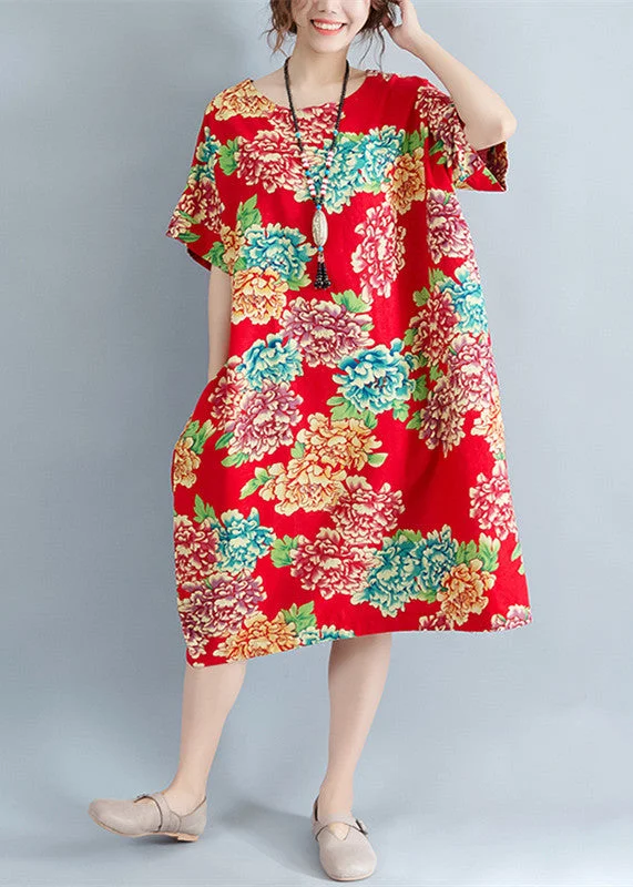 boutique red floral Midi-length linen dress plus size linen clothing dresses casual o neck short sleeve linen cotton dress boutique red floral Midi-length linen dress plus size linen clothing dresses casual o neck short sleeve linen cotton dress
