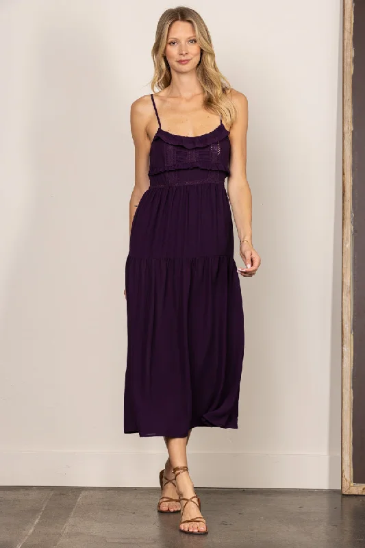 PURPLE CHIFFON SELF-TIE STRAP LACE DETAILED MIDI DRESS ILD0192
