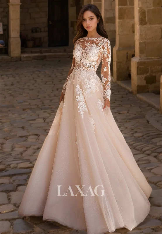 Scoop-Neck Glitter-Knit A-Line Wedding Dress Long-Sleeves Applique Floor-Length Bride Gowns Scoop-Neck Glitter-Knit A-Line Wedding Dress Long-Sleeves Applique Floor-Length Bride Gowns