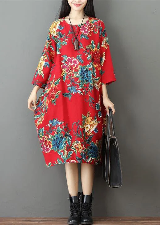 fine red prints Midi-length linen dress trendy plus size holiday o neck linen cotton dress fine red prints Midi-length linen dress trendy plus size holiday o neck linen cotton dress
