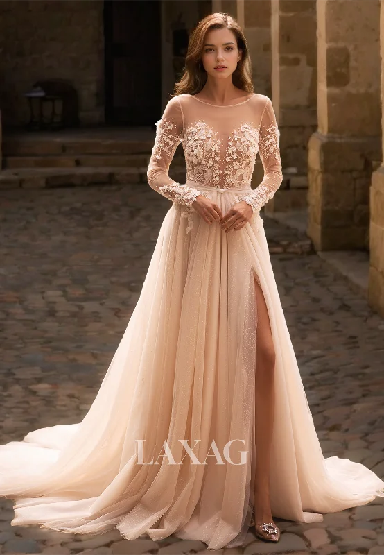 Scoop-Neck Long-Sleeves Sheer Bride Gowns Glitter-Knit Floral Embellished A-Line Wedding Dress with High Slit Scoop-Neck Long-Sleeves Sheer Bride Gowns Glitter-Knit Floral Embellished A-Line Wedding Dress with High Slit
