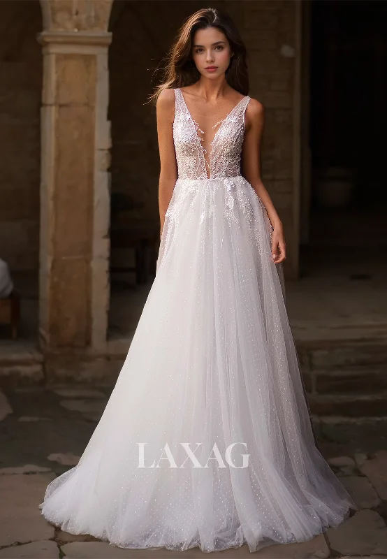 A-Line Spaghetti Straps Tulle A-Line Wedding Dress V-Neck Sleeveless Applique Beaded Bride Gowns A-Line Spaghetti Straps Tulle A-Line Wedding Dress V-Neck Sleeveless Applique Beaded Bride Gowns