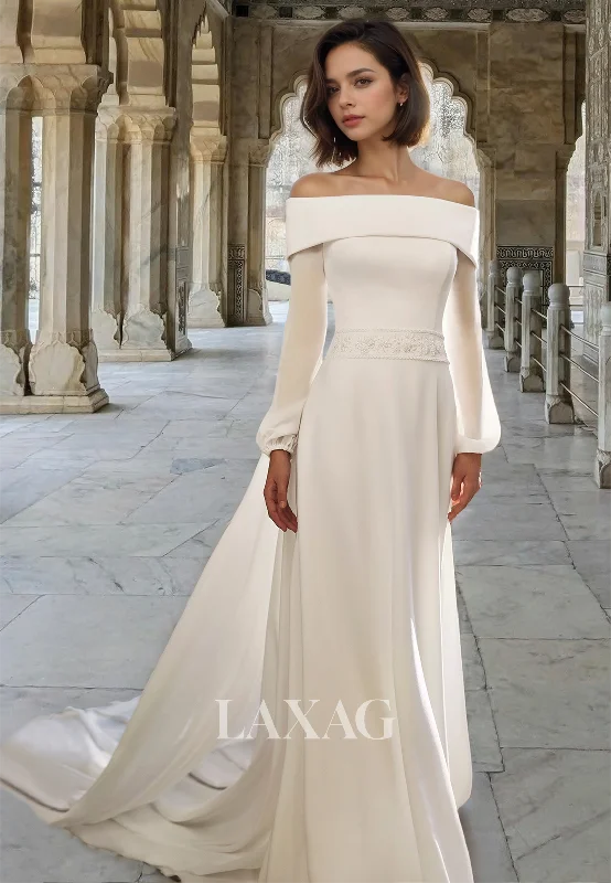 Tube Top Long-Sleeves Satin A-Line Wedding Dress Off-Shoulder Pleated Beaded Train Bride Gowns Tube Top Long-Sleeves Satin A-Line Wedding Dress Off-Shoulder Pleated Beaded Train Bride Gowns