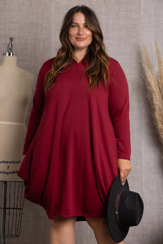 BURGUNDY SOLID COLOR HOODIE LONG SLEEVES PLUS SIZE MIDI DRESS-4D2354-1