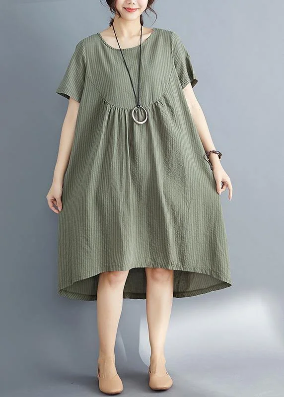 DIY o neck asymmetric Cotton clothes Women plus size Catwalk army green striped Midi Dress Summer DIY o neck asymmetric Cotton clothes Women plus size Catwalk army green striped Midi Dress Summer