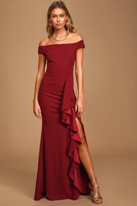 Mila Burgundy Ruffled Off-the-Shoulder Maxi Dress