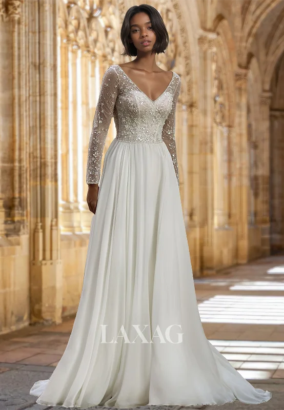 A-Line V-Neck Long-Sleeveless Chiffon Wedding Dress Beaded Sequins Pleated Bride Gowns A-Line V-Neck Long-Sleeveless Chiffon Wedding Dress Beaded Sequins Pleated Bride Gowns