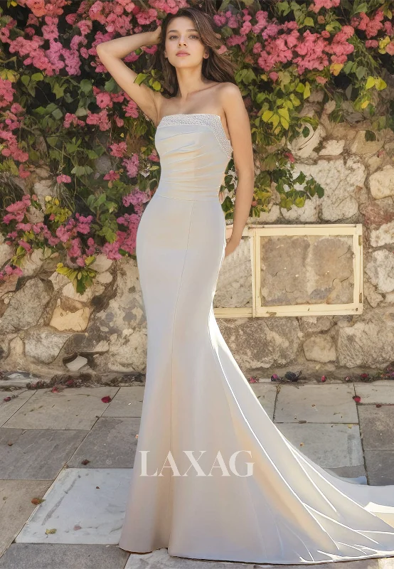 Strapless Pearls Sleek Satin Mermaid Wedding Dress with Train