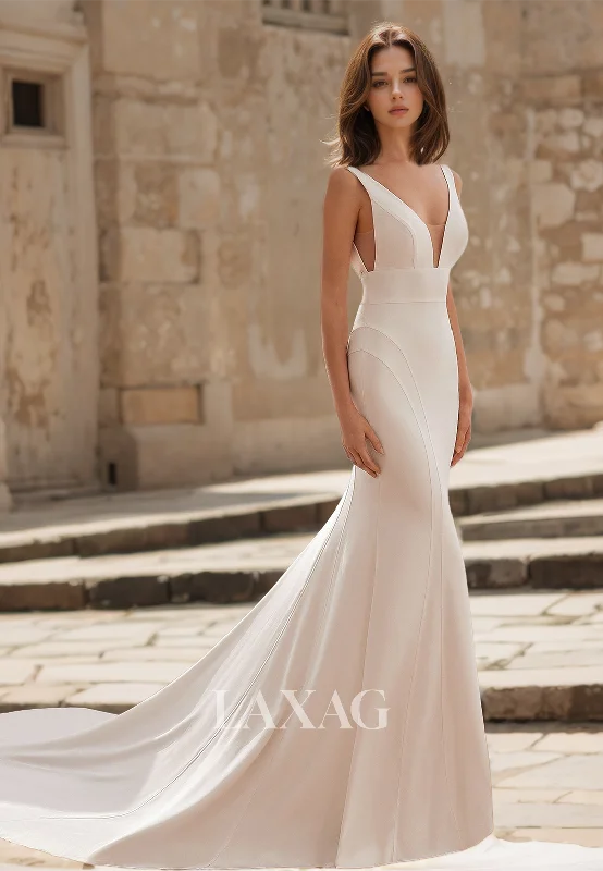 Spaghetti Straps Satin Mermaid Wedding Dress Simple Deep V-Neck Train Satin Bride Gowns Spaghetti Straps Satin Mermaid Wedding Dress Simple Deep V-Neck Train Satin Bride Gowns