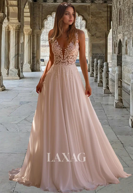 Deep V-Neck Sleeveless Pleated A-Line Wedding Dress Floral Embellished Cutout Chiffon Bride Gowns Deep V-Neck Sleeveless Pleated A-Line Wedding Dress Floral Embellished Cutout Chiffon Bride Gowns