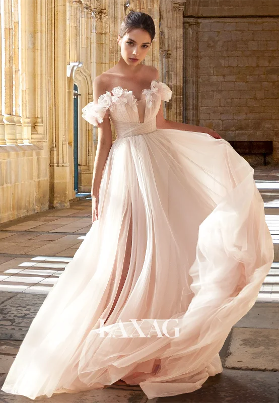 Floral Embossed Sweetheart Sleeveless A-Line Wedding Dress Pleated Tulle Bride Gowns with High Slit Floral Embossed Sweetheart Sleeveless A-Line Wedding Dress Pleated Tulle Bride Gowns with High Slit