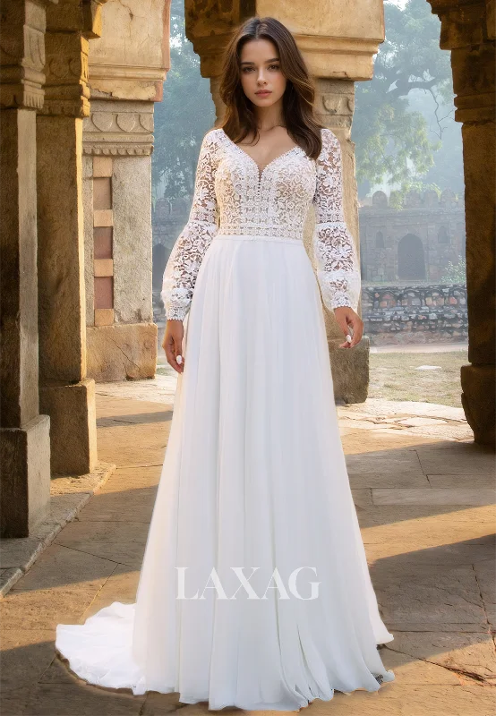 Long-Sleeves V-Neck Lace Applique Cutout Pleated Bride Gowns A-Line Cutout Chiffon Wedding Dress Long-Sleeves V-Neck Lace Applique Cutout Pleated Bride Gowns A-Line Cutout Chiffon Wedding Dress