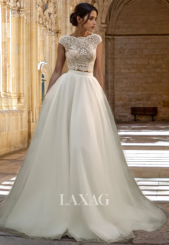 Scoop-Neck Cap-Sleeves Lace Applique Pleated Cutout Tulle Wedding Dress with Train