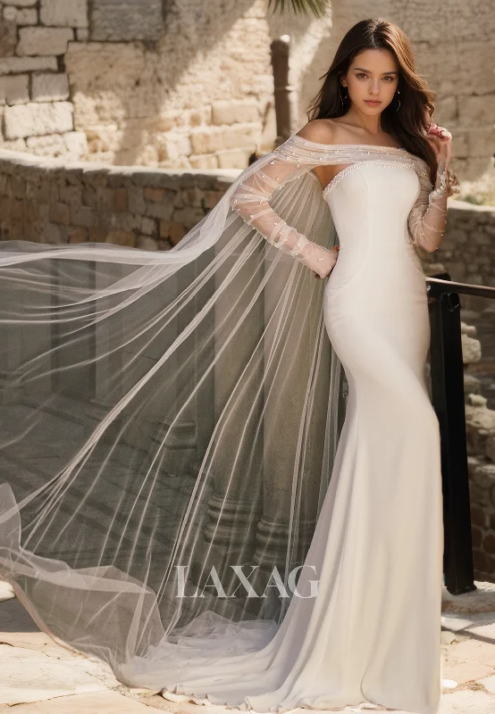 Beaded Tube Top Tulle Long-Sleeves Bride Dress Off-Shoulder Sweep Train Wedding Dress with Tulle Overlay Beaded Tube Top Tulle Long-Sleeves Bride Dress Off-Shoulder Sweep Train Wedding Dress with Tulle Overlay