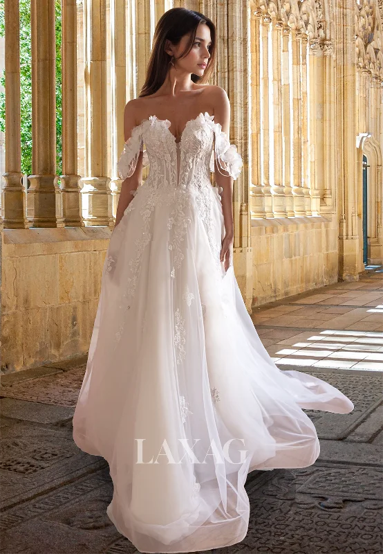 Floral Embossed Sweetheart Off-Shoulder Bride Gowns Sleeveless Beaded Pleated A-Line Wedding Dress Floral Embossed Sweetheart Off-Shoulder Bride Gowns Sleeveless Beaded Pleated A-Line Wedding Dress