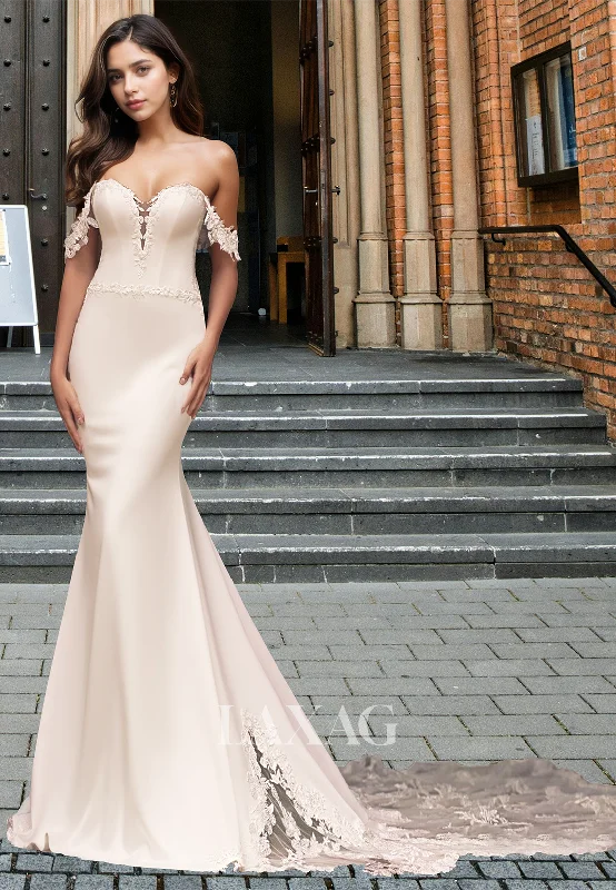 Sweetheart Off-Shoulder Sleeveless Lace Applique Satin Mermaid Wedding Dress with Sweep Train Sweetheart Off-Shoulder Sleeveless Lace Applique Satin Mermaid Wedding Dress with Sweep Train