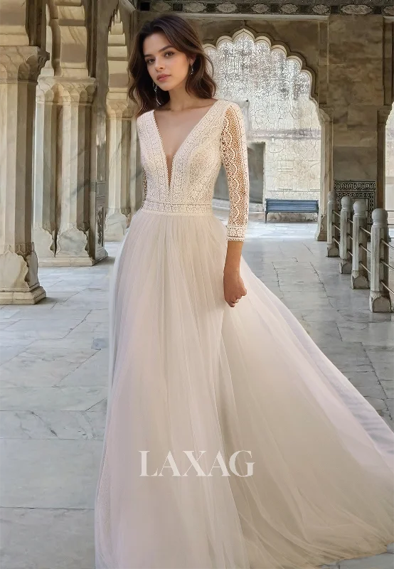 Blouson Cutout Lace Applique Bride Gowns Deep V-Neck Long-Sleeves Pleated Tulle Wedding Dress Blouson Cutout Lace Applique Bride Gowns Deep V-Neck Long-Sleeves Pleated Tulle Wedding Dress