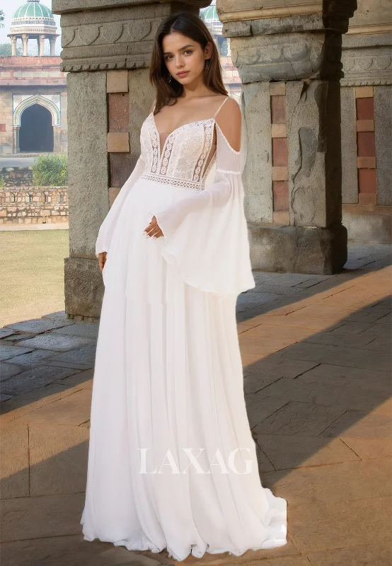 Spaghetti Straps Long-Sleeves Chiffon A-Line Wedding Dress Deep V-Neck Pleated Lace Applique Bride Gowns Spaghetti Straps Long-Sleeves Chiffon A-Line Wedding Dress Deep V-Neck Pleated Lace Applique Bride Gowns