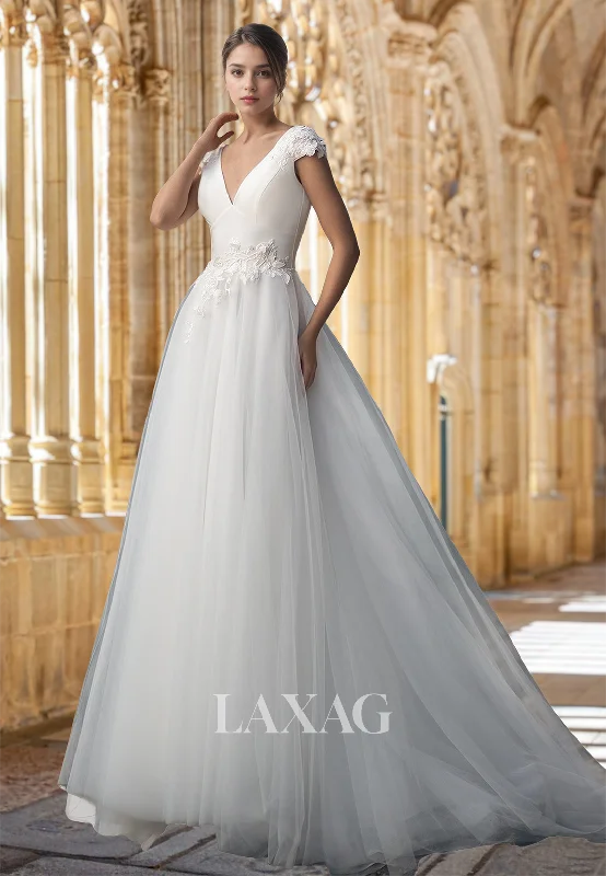 A-Line Deep V-Neck Cap-Sleeves Beaded Pleated Applique Wedding Dress with Tulle Train A-Line Deep V-Neck Cap-Sleeves Beaded Pleated Applique Wedding Dress with Tulle Train