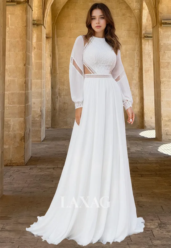 High Scoop-Neck Beaded Lace Applique Bride Gowns Long-Sleeves Chiffon A-Line Wedding Dress High Scoop-Neck Beaded Lace Applique Bride Gowns Long-Sleeves Chiffon A-Line Wedding Dress