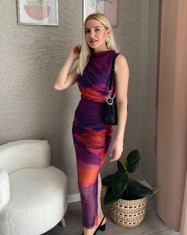 MEROKEETY Crew Neck Sleeveless Mesh Tie Dye Maxi Dress
