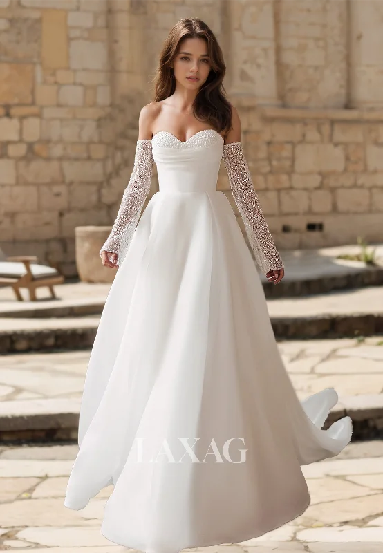 Sweetheart Beaded Long-Sleeves Bride Gowns Off-Shoulder Pleated Chiffon A-Line Wedding Dress Sweetheart Beaded Long-Sleeves Bride Gowns Off-Shoulder Pleated Chiffon A-Line Wedding Dress