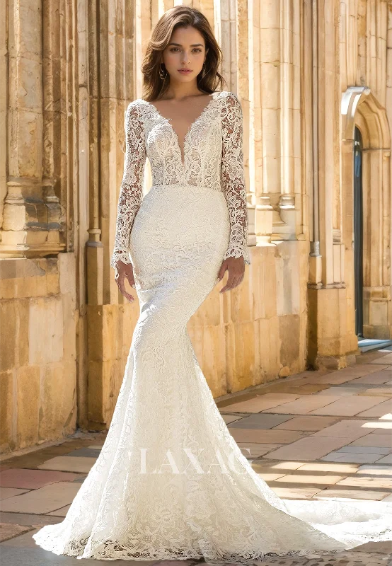 Long-Sleeves Deep V-Neck Allover Lace Applique Cutout Pleated Sweep Train Mermaid Wedding Dress Long-Sleeves Deep V-Neck Allover Lace Applique Cutout Pleated Sweep Train Mermaid Wedding Dress
